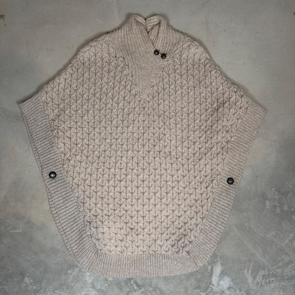Aran Mor Ireland Merino Wool Cable Knit Poncho Shawl Collar Beige Womens S/M